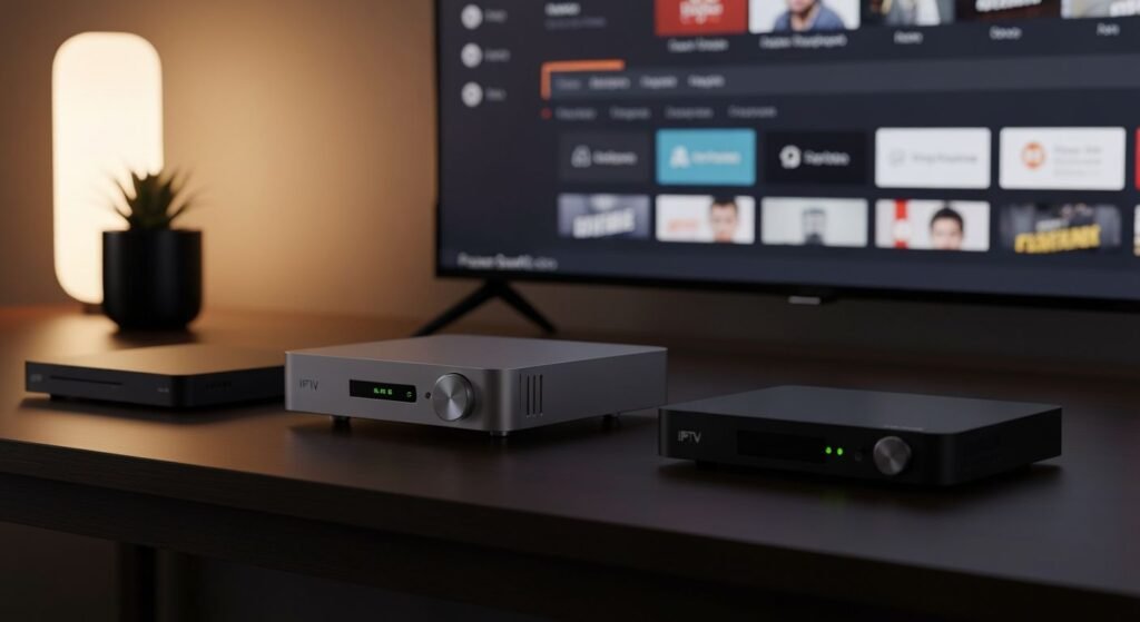 Comparatif de boîtiers IPTV performants et modernes sur bureau avec téléviseur