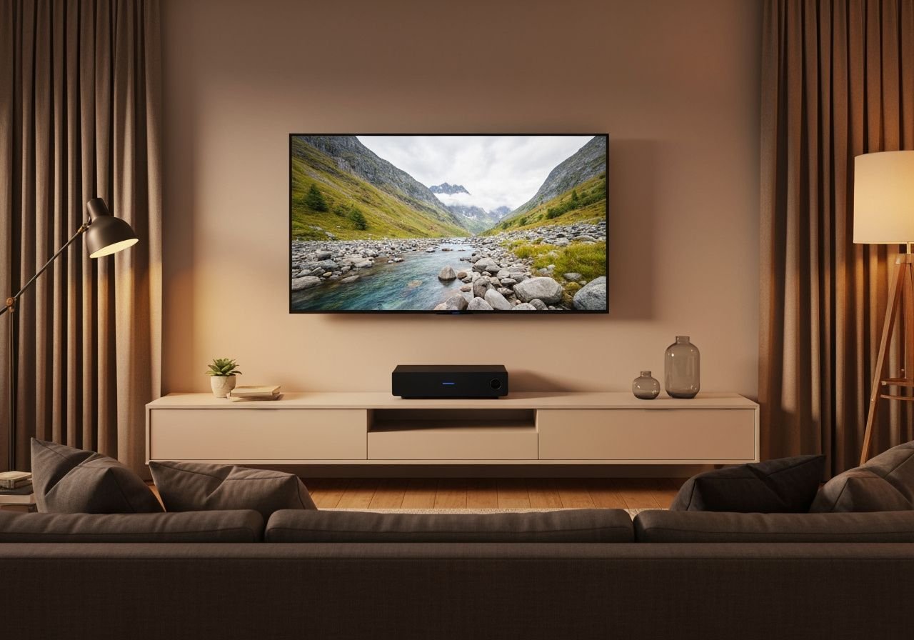 Installation complète d'un boîtier IPTV avec téléviseur dans un salon moderne