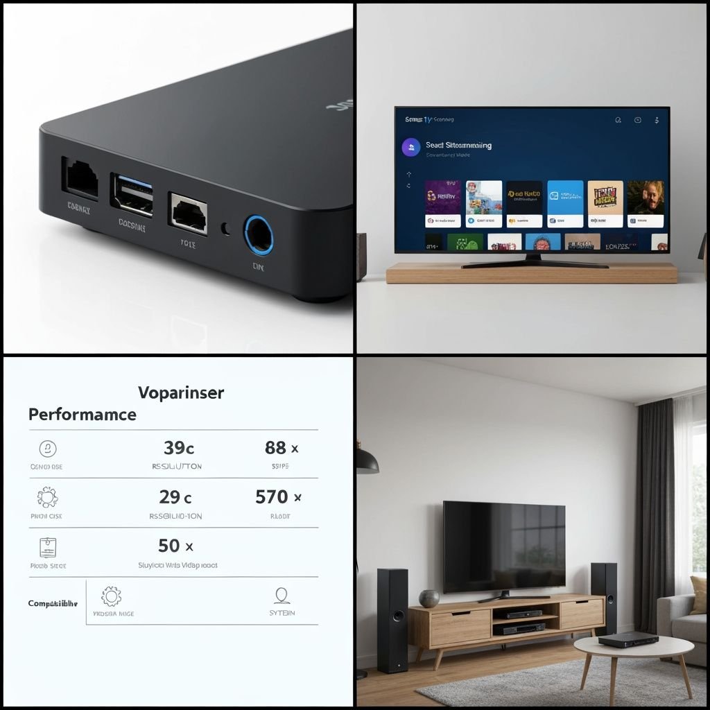 Grille comparatif : boîtier IPTV, interface streaming, tableau spécifications, installation home cinéma complète
