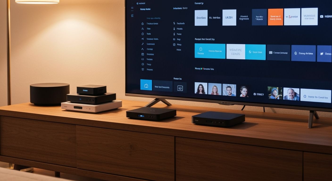 Boîtiers IPTV et appareils de streaming alignés sur meuble TV moderne avec écran affichant interface générique