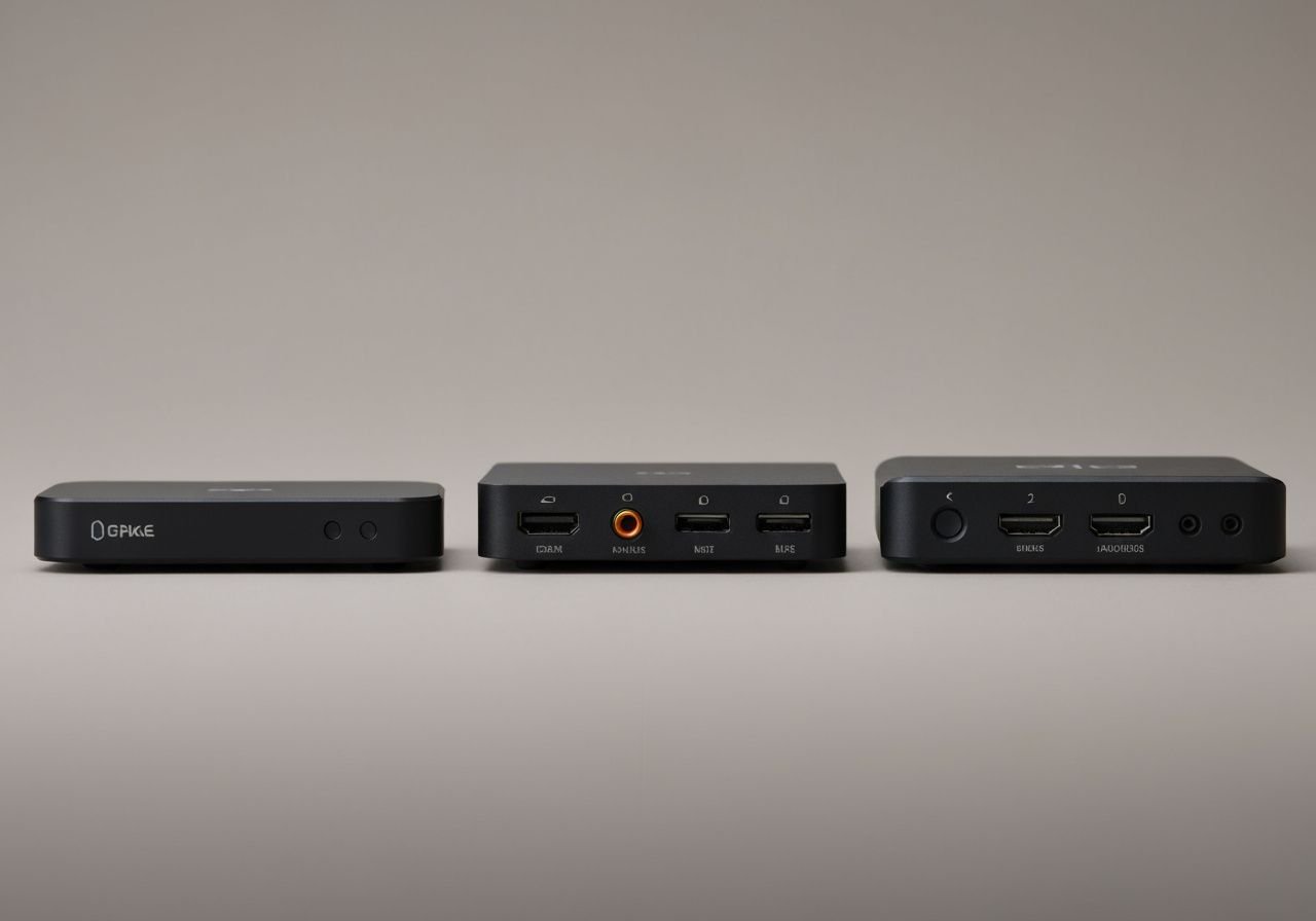 Trois modèles différents de boîtiers IPTV et lecteurs multimédias en comparaison directe, vue de face et détails connectiques
