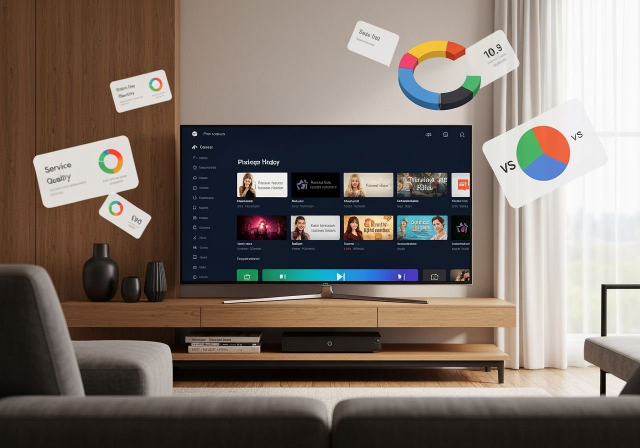 Interface de streaming IPTV sur Smart TV avec indicateurs de qualité de service