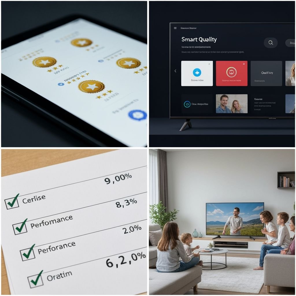 Grille de quatre images : avis clients, interface de streaming, tableau comparatif et famille regardant la télévision