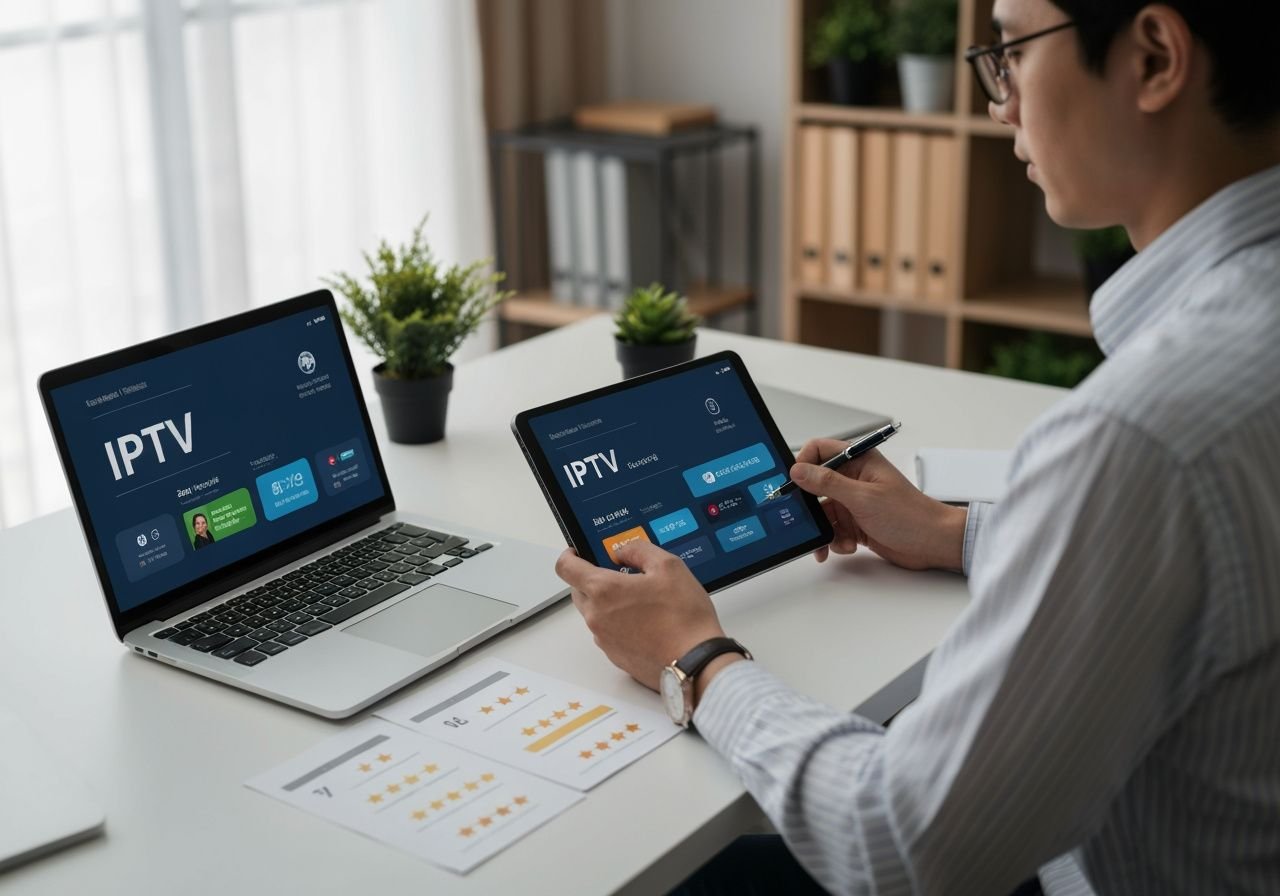 Utilisateur comparant plusieurs services IPTV sur ordinateur portable et tablette avec notes