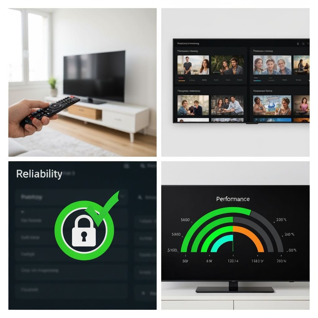 Grille de quatre images : télécommande, interfaces de streaming, symboles de fiabilité et indicateurs de performance