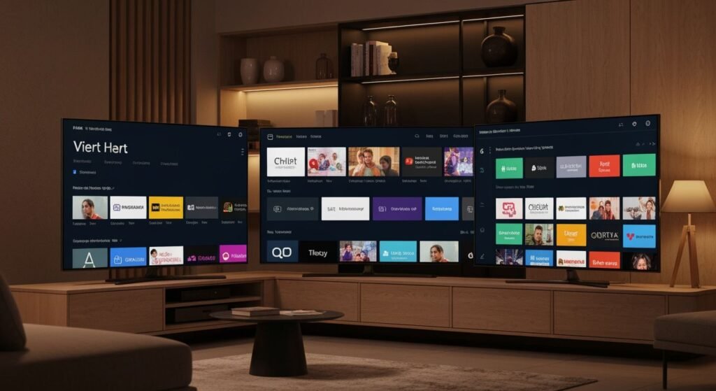 Trois téléviseurs modernes affichant différentes interfaces de streaming côte à côte dans un salon contemporain