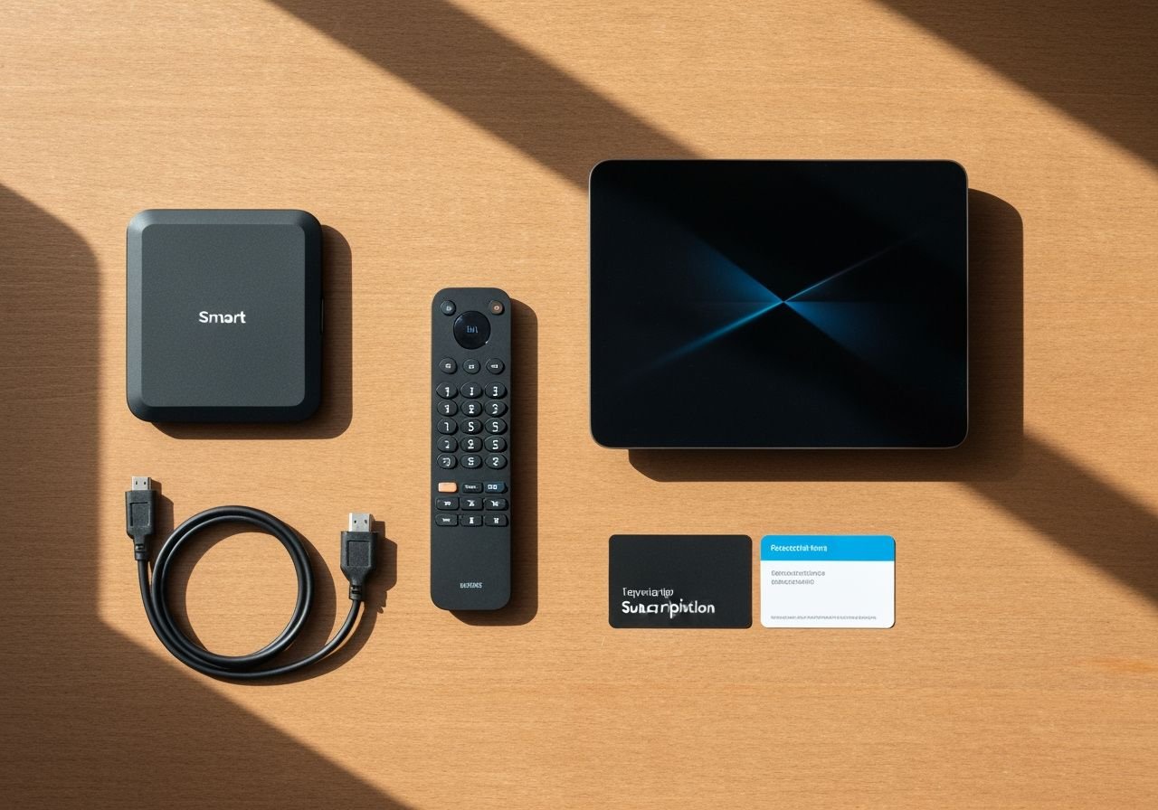 Vue de dessus d'une installation home entertainment avec TV, appareil de streaming et accessoires sur table en bois