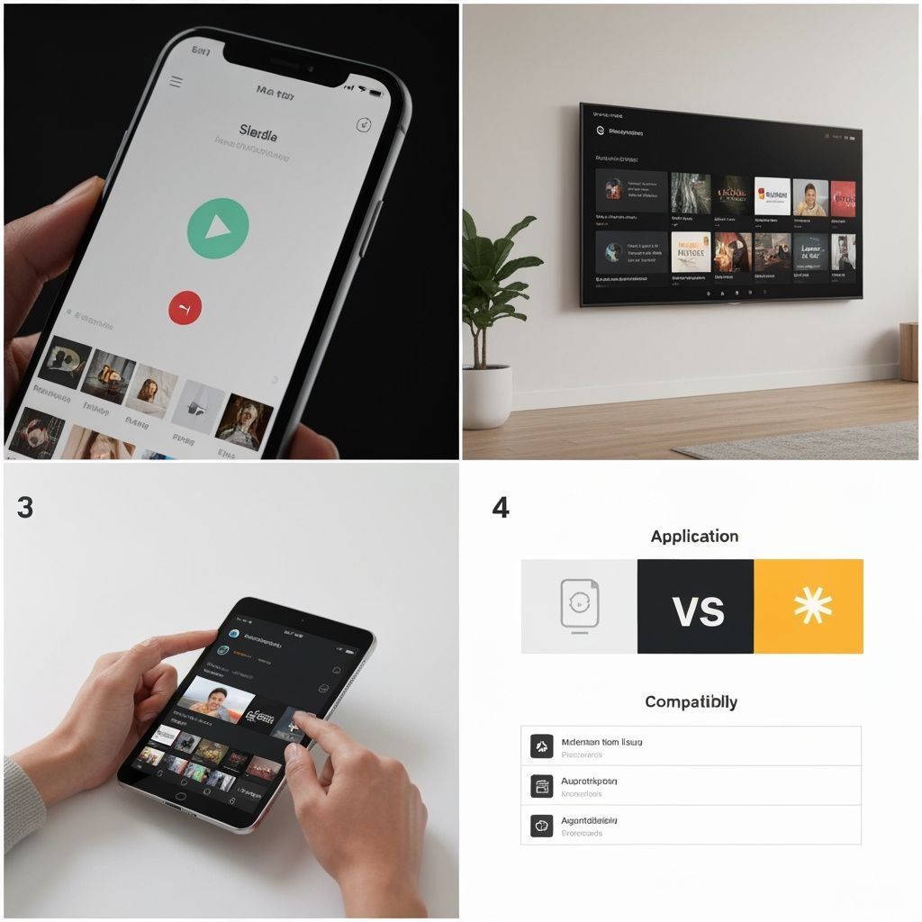 Quatre applications de lecteur IPTV sur smartphone, tablette, Smart TV et interface de comparaison.