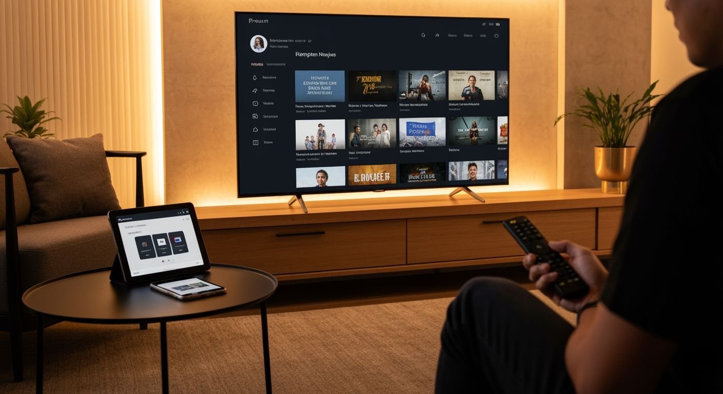 Téléviseur moderne affichant une interface de streaming avec applications vidéo et télécommande.
