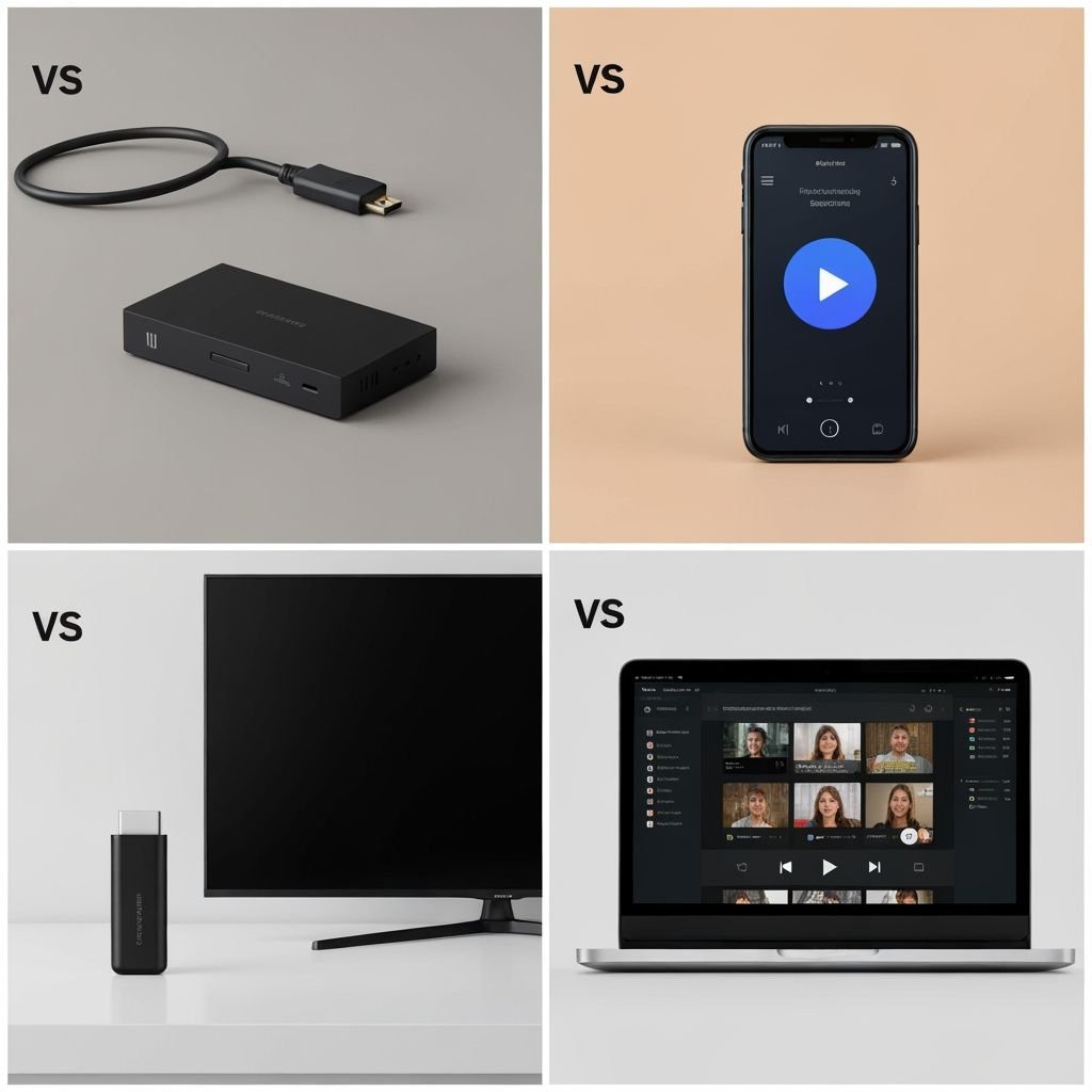 Quatre solutions de lecture IPTV : boîtier média, smartphone, clé HDMI et application ordinateur