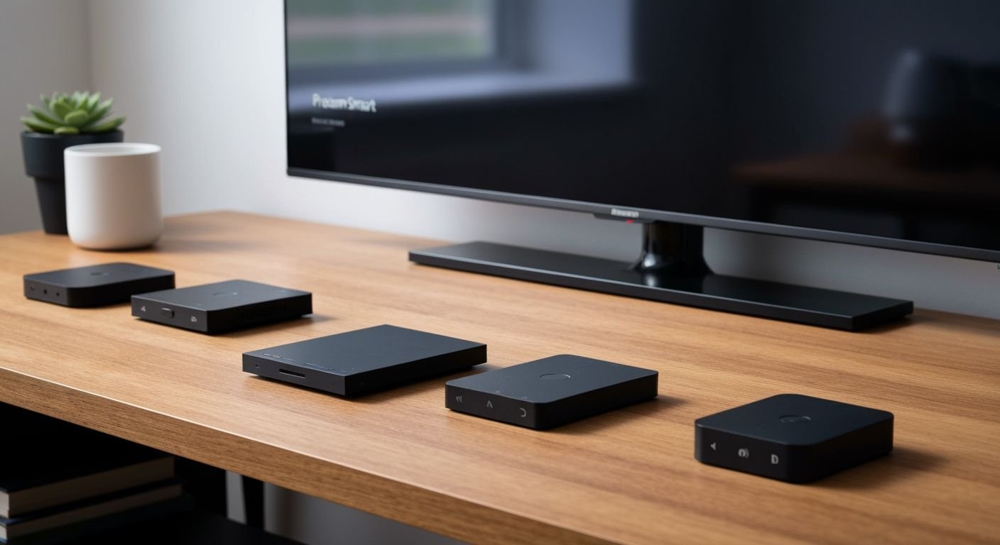 Comparatif de lecteurs IPTV : plusieurs appareils de streaming et boîtiers multimédias sur un bureau