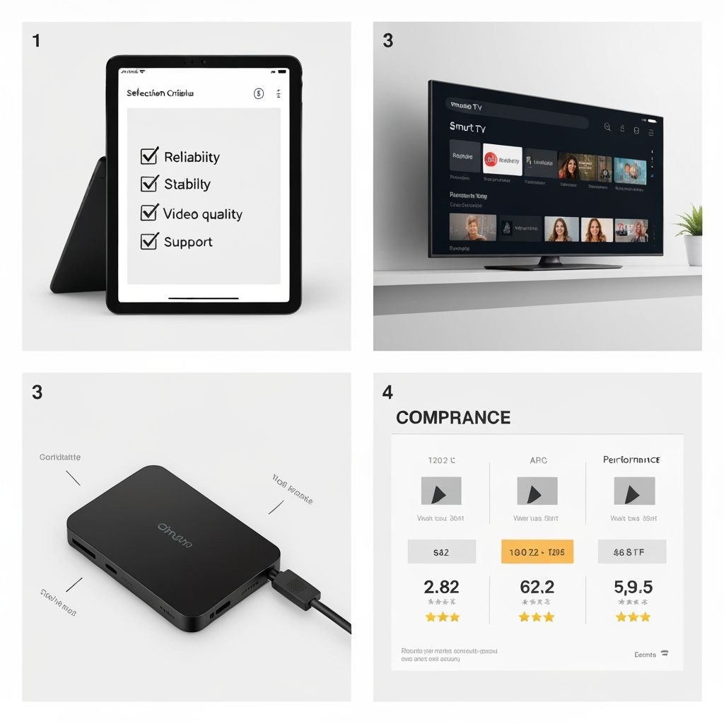 Grille 4 panneaux : critères de sélection, interface TV, appareil streaming et tableau comparatif