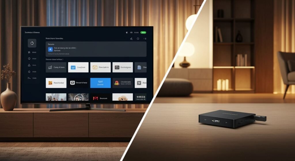 Comparaison de services IPTV sur écran TV et appareil de streaming dans un salon moderne