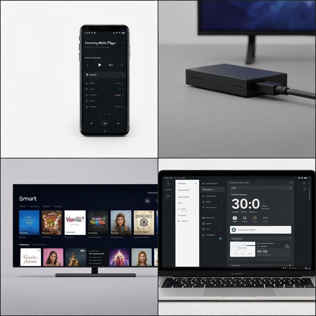 Grille de quatre appareils de streaming : smartphone, clé HDMI, Smart TV et ordinateur portable