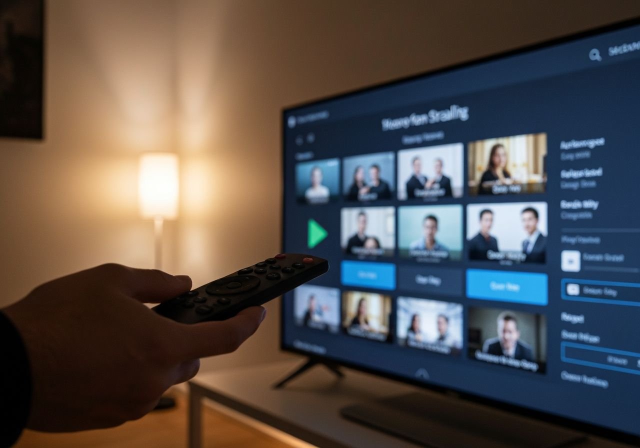 Télécommande pointée vers un téléviseur affichant une interface de lecteur multimédia