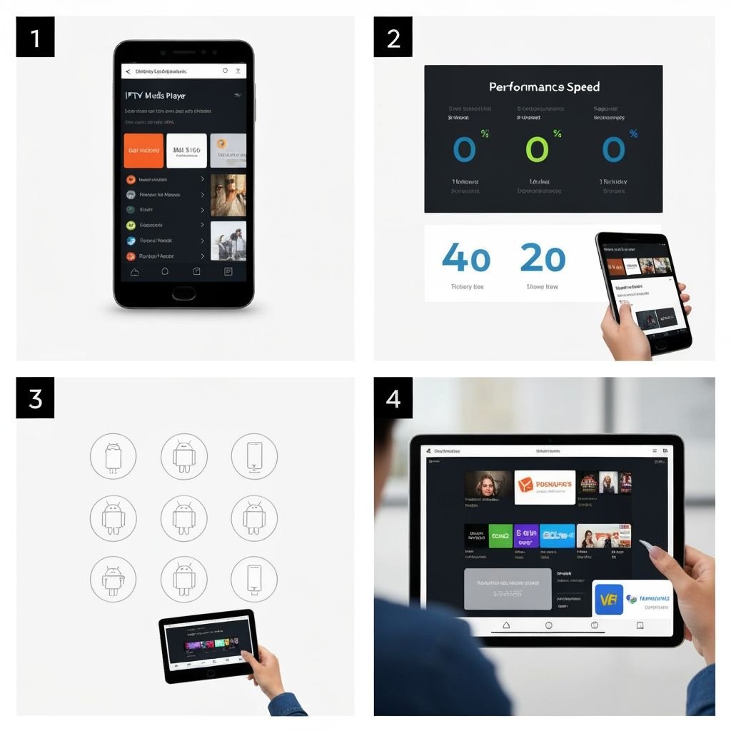 Grille comparatif : interface IPTV, performances, compatibilité Android, et sélection d'applications de streaming