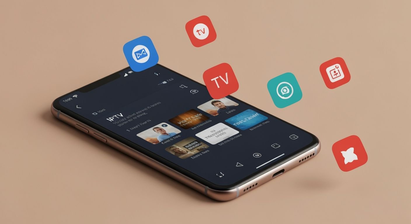 Smartphone Android affichant une interface lecteur IPTV avec chaînes TV en direct et icônes d'applications