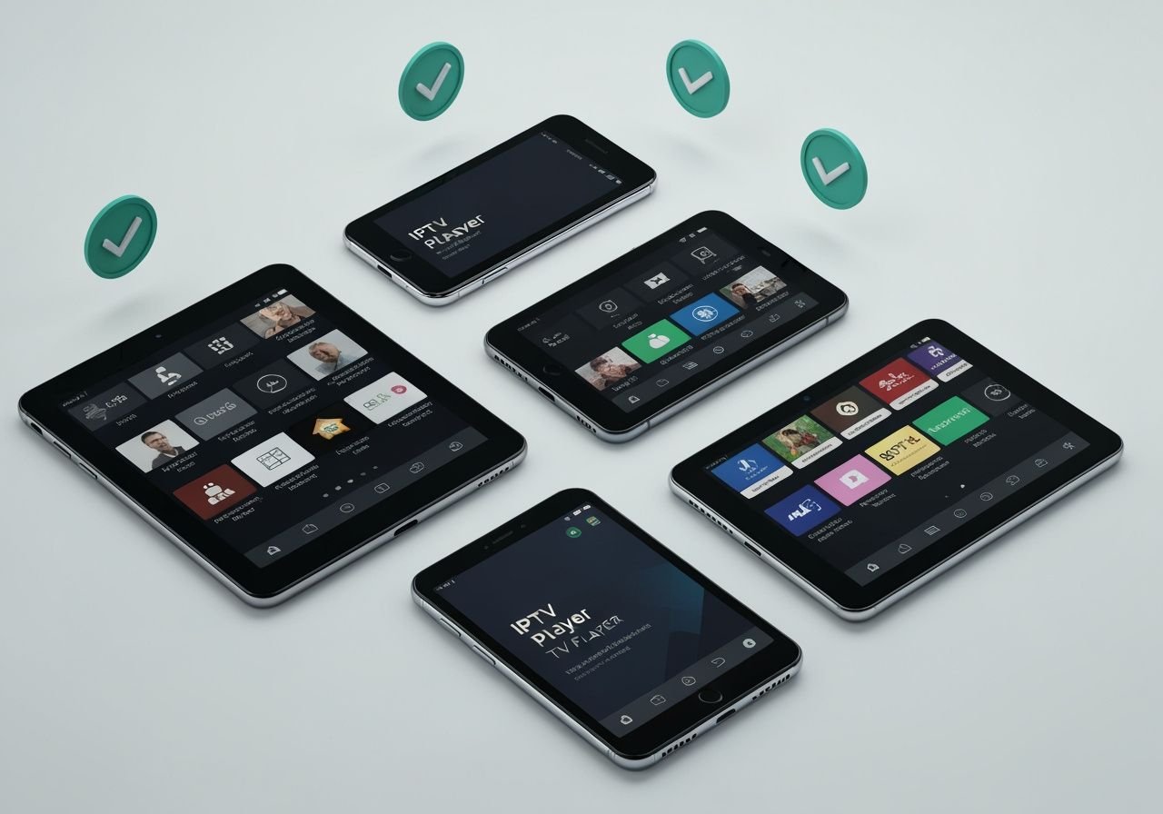 Plusieurs appareils Android affichant différentes applications IPTV avec badges de comparaison et fonctionnalités