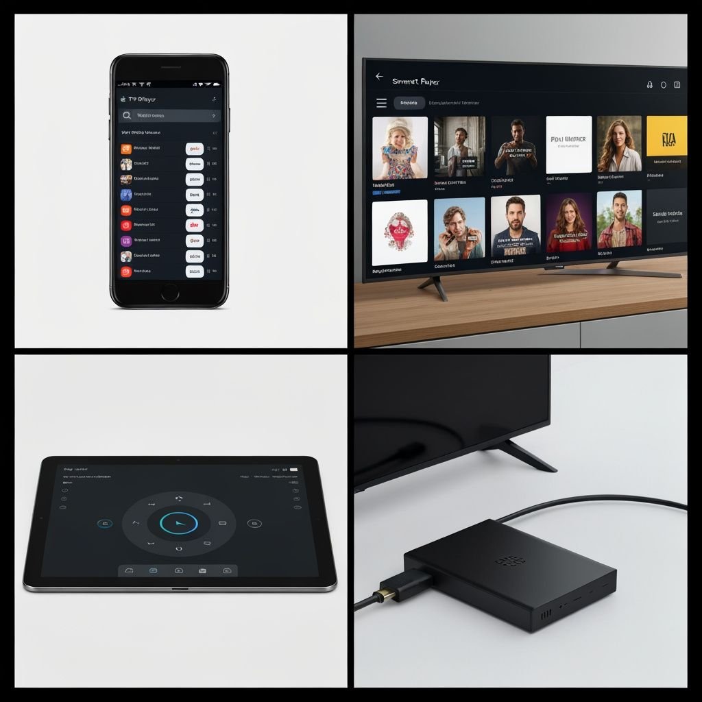 Grille de quatre applications IPTV sur différents appareils : téléphone, TV, tablette et lecteur multimédia