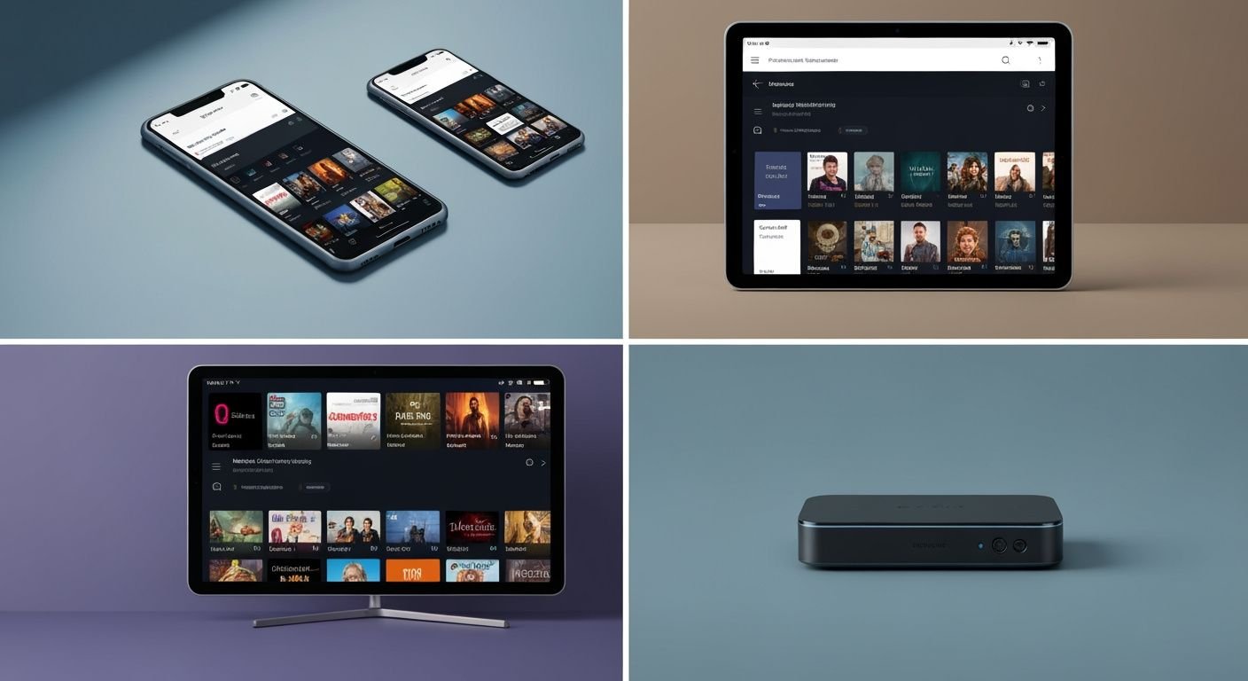 Comparaison d'interfaces IPTV sur smartphone, tablette, Smart TV et boîtier de streaming