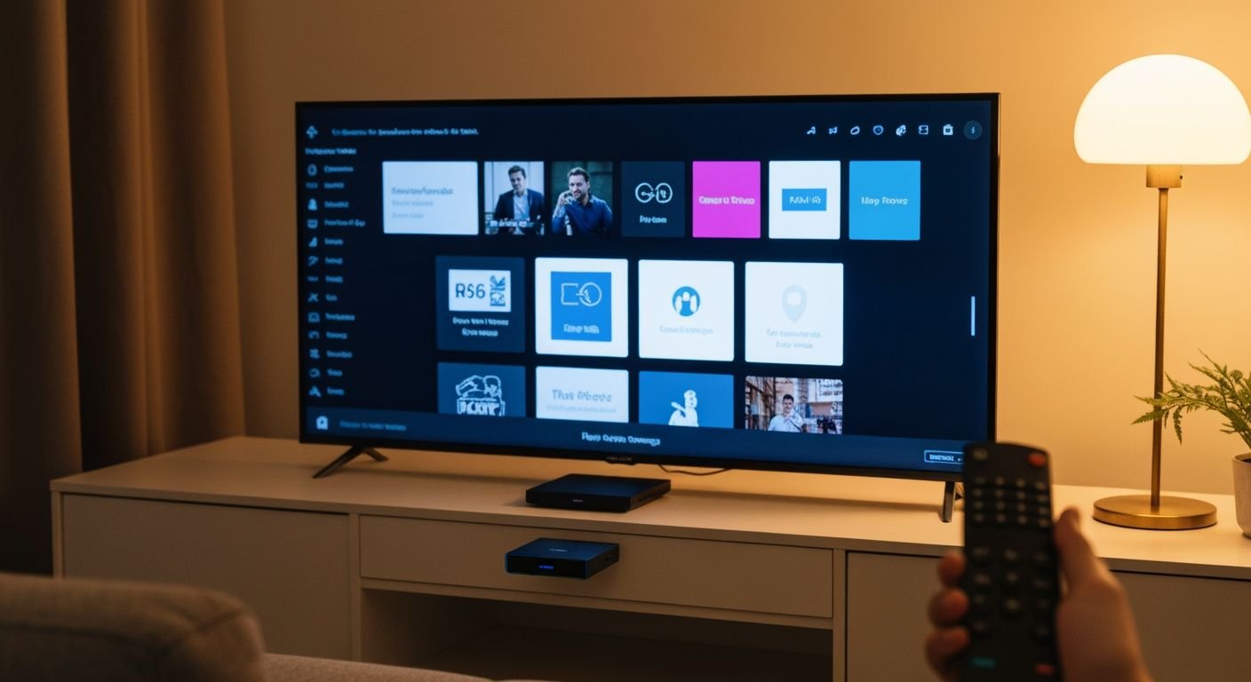 Téléviseur moderne affichant une interface de streaming générique avec un lecteur IPTV connecté