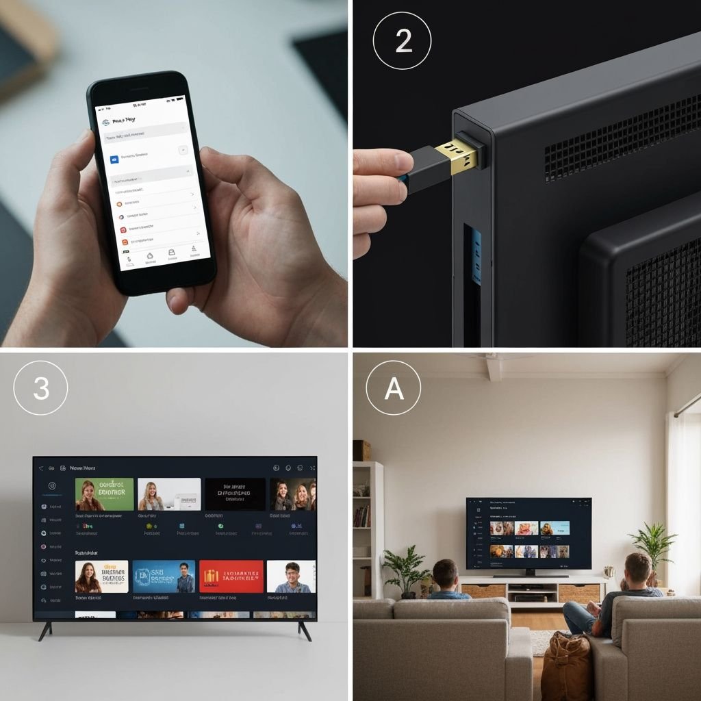 Quatre étapes d'intégration : application mobile, connexion appareil, interface TV, visionnage en famille