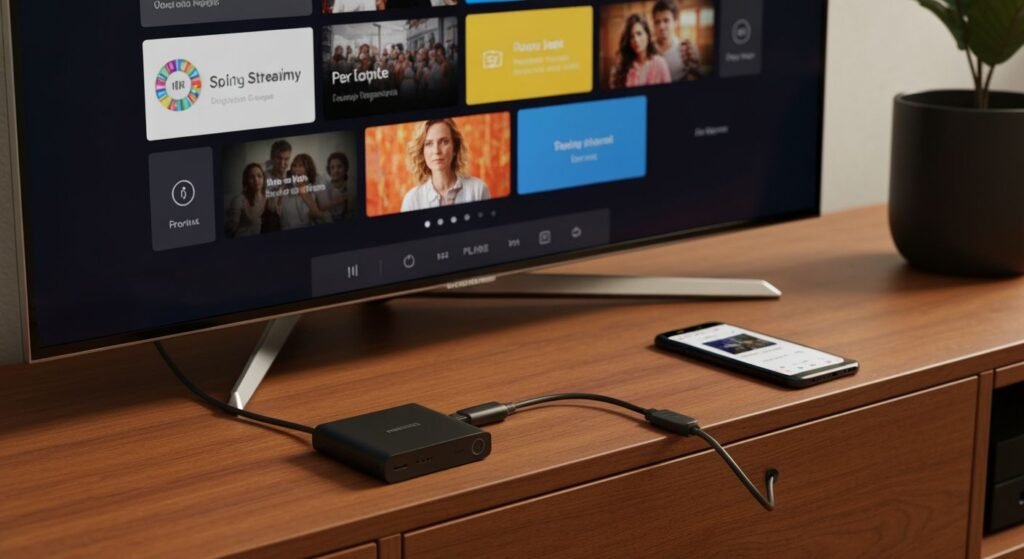 Téléviseur moderne affichant une interface de streaming avec un appareil de lecture connecté et un smartphone à proximité