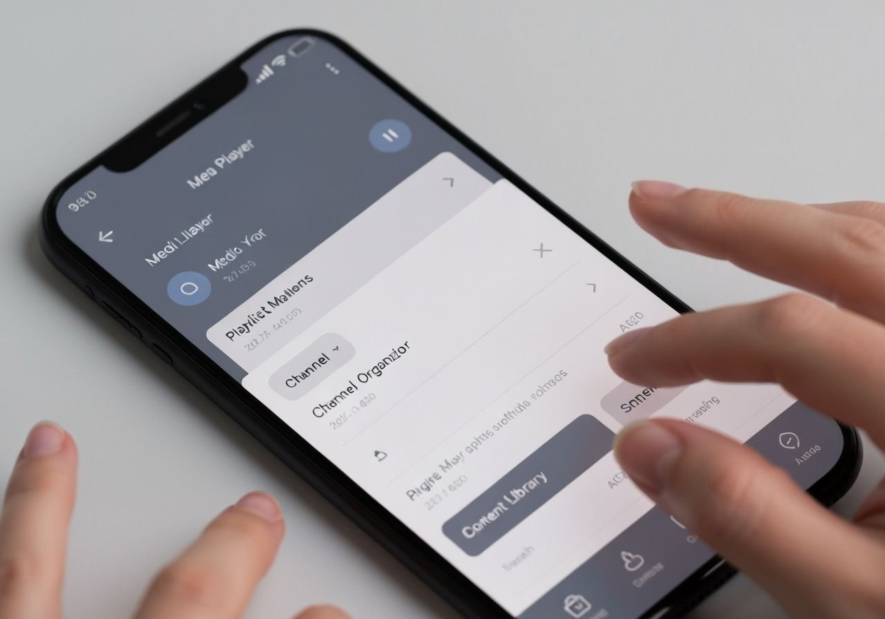 Gros plan sur l'interface d'une application média montrant la gestion des playlists et l'organisation des chaînes