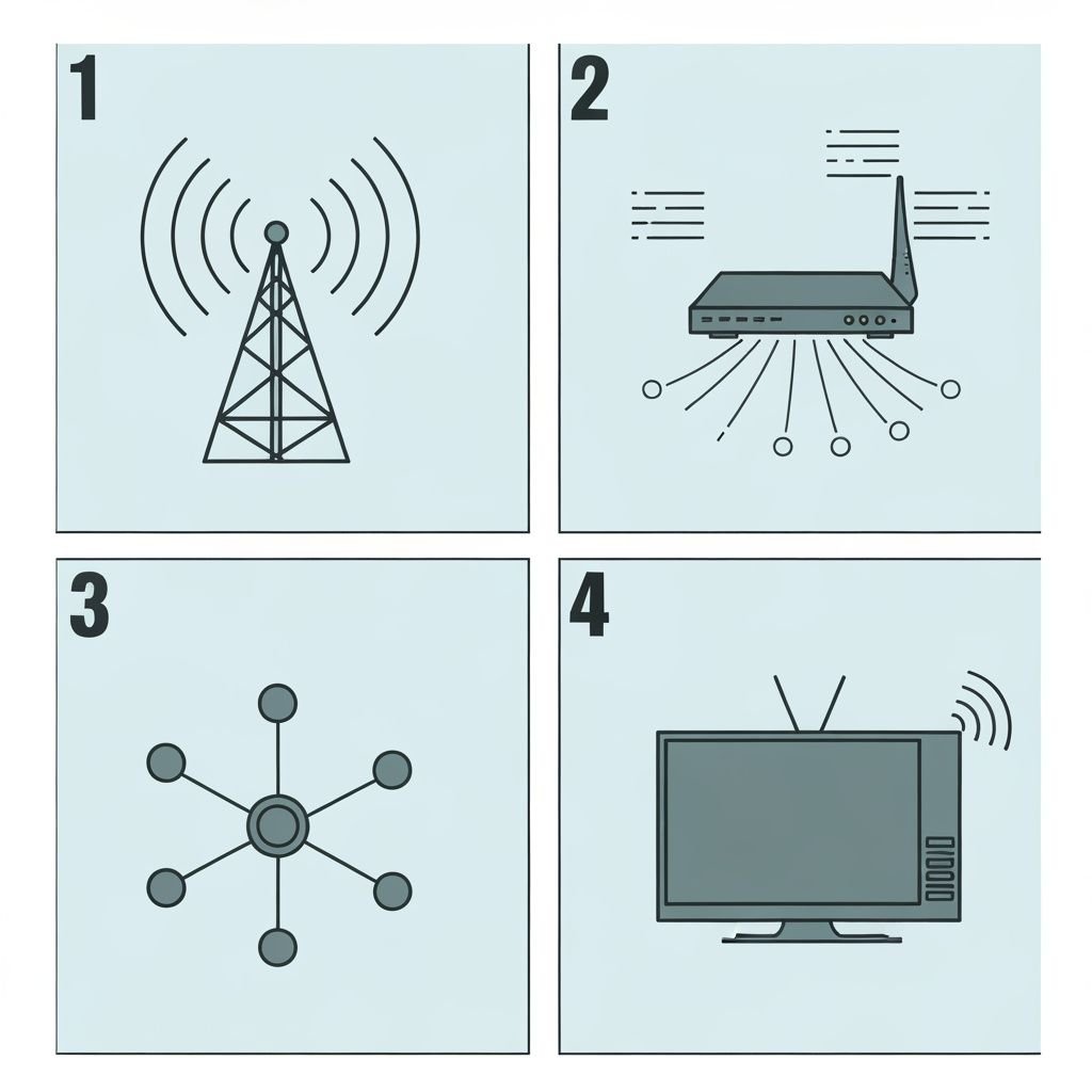 Comparaison visuelle en quatre panneaux : antenne traditionnelle, routeur internet, serveurs réseau et téléviseur récepteur
