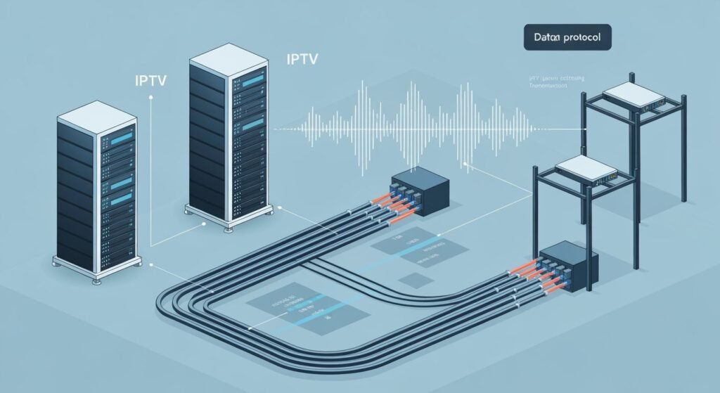 Schéma technique du protocole IPTV avec paquets de données circulant dans une infrastructure réseau moderne
