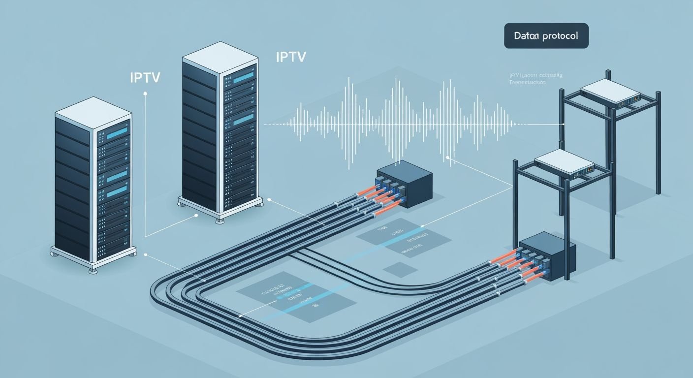 Schéma technique du protocole IPTV avec paquets de données circulant dans une infrastructure réseau moderne