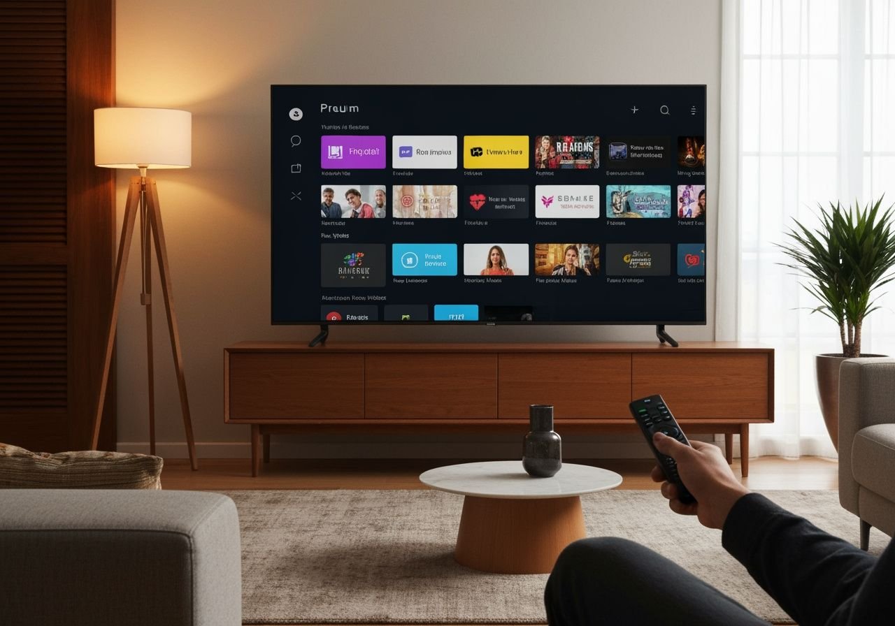 Salon moderne avec téléviseur affichant une interface de streaming générique et télécommande à la main