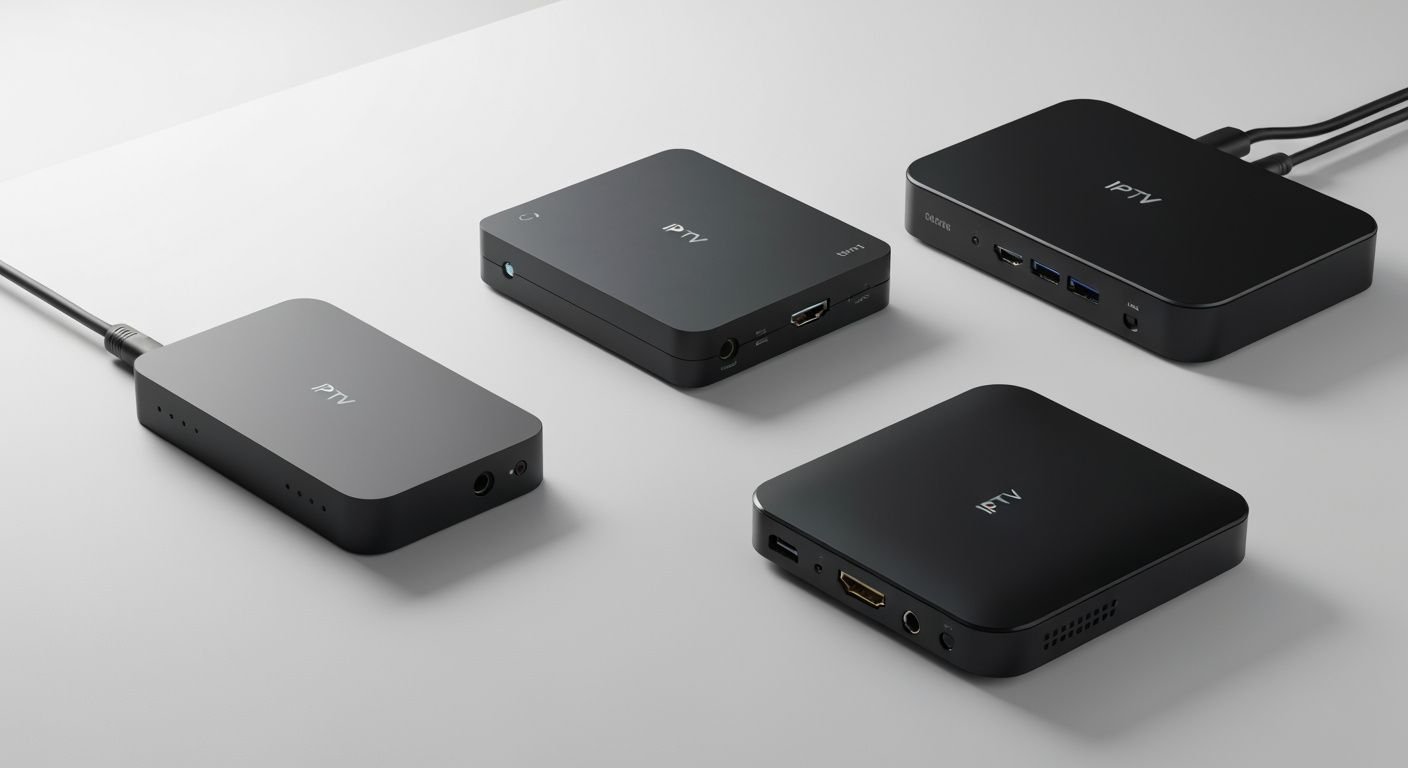 Comparatif de trois boîtiers IPTV modernes avec leurs caractéristiques techniques visibles