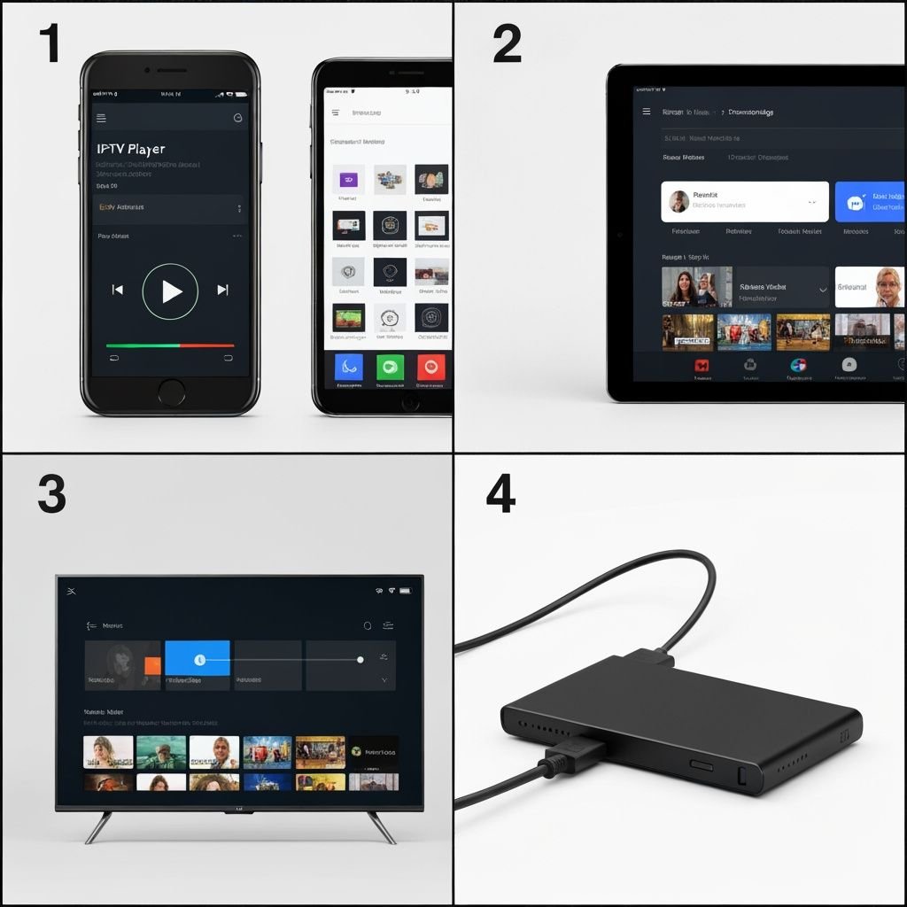 Quatre lecteurs IPTV compatibles : smartphone, tablette, Smart TV et boîtier de streaming.