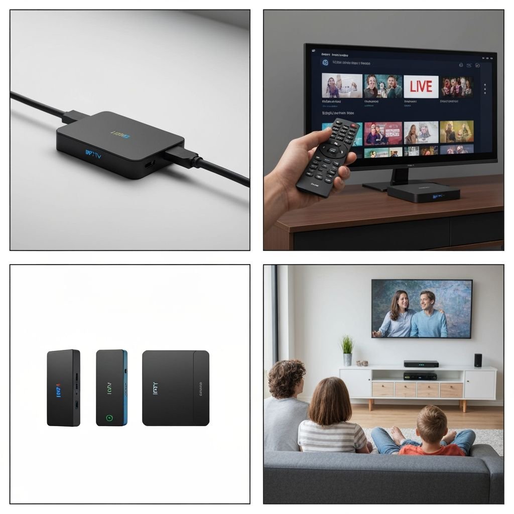 Grille comparant quatre aspects : connexion d'un décodeur, interface de streaming, variété de récepteurs IPTV et...