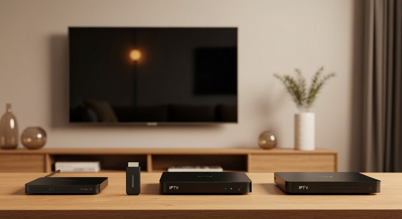 Trois boîtiers IPTV différents alignés devant un téléviseur moderne dans un salon contemporain.