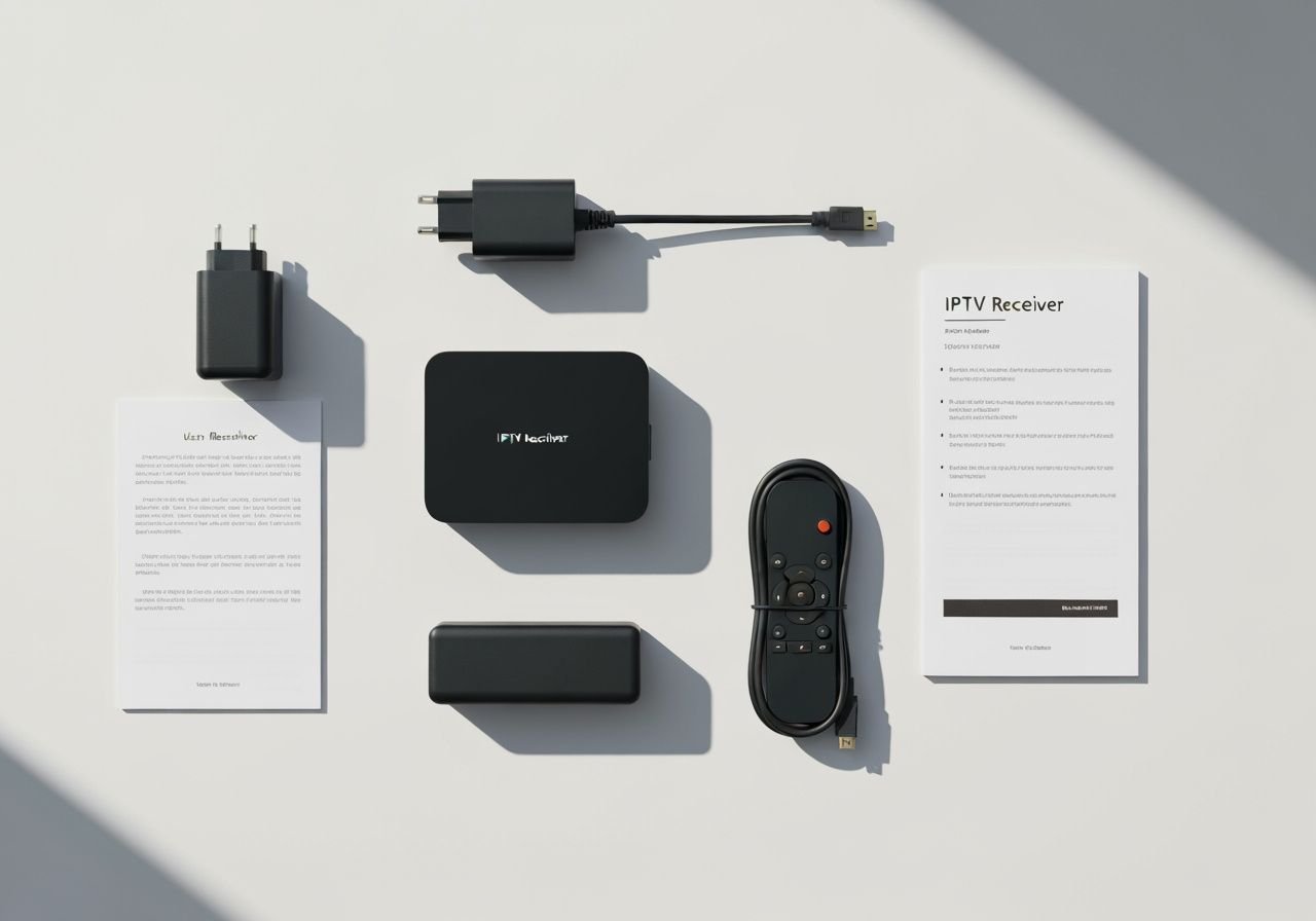 Vue de dessus d'un kit de configuration IPTV avec boîtier, câbles et télécommande sur fond blanc.