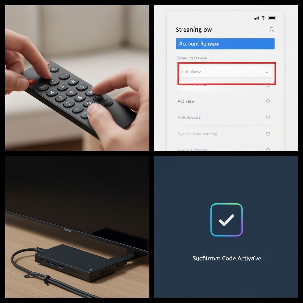 Quatre étapes pour recharger un code IPTV : saisie du code, interface d'activation, appareil connecté et confirmation