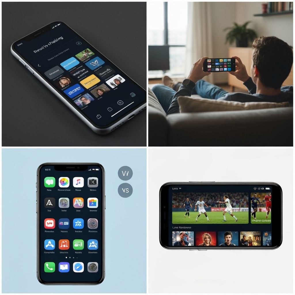 Quatre scènes : interface de streaming mobile, visionnage sur canapé, applications TV, contenu en direct et films
