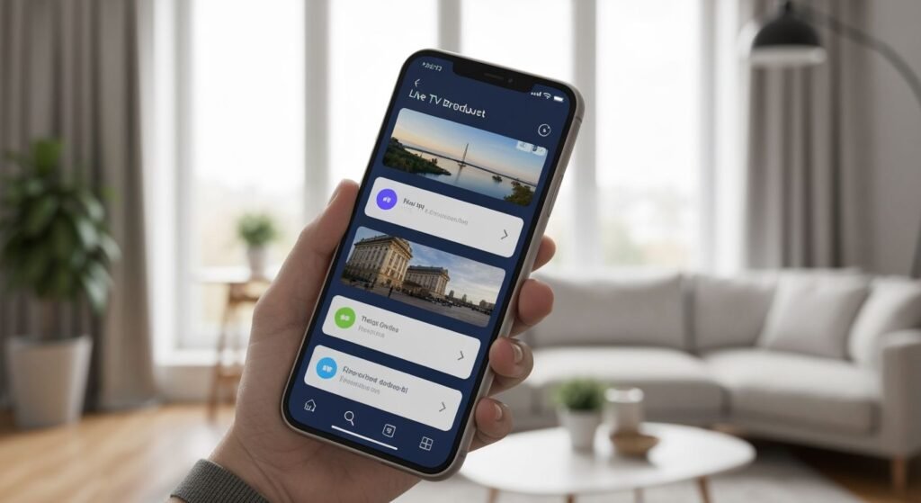 Smartphone affichant une interface de télévision en direct avec plusieurs chaînes disponibles