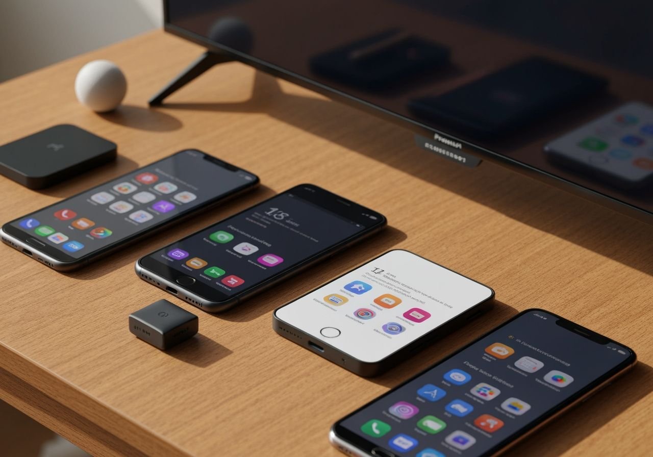 Plusieurs smartphones et un lecteur multimédia avec une télévision moderne affichant des applications de streaming