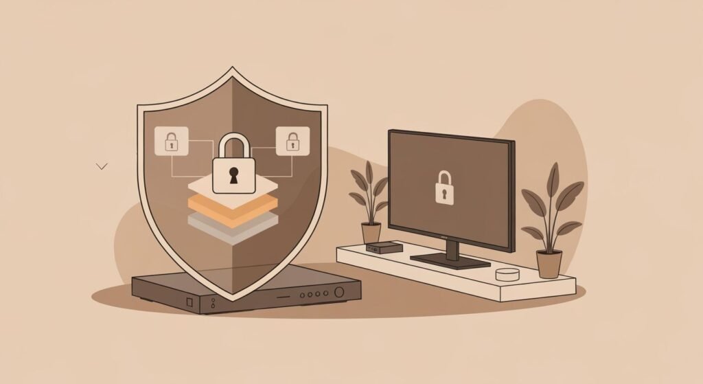 Bouclier numérique sécurisé protégeant un appareil de streaming avec icônes de cadenas et couches de sécurité