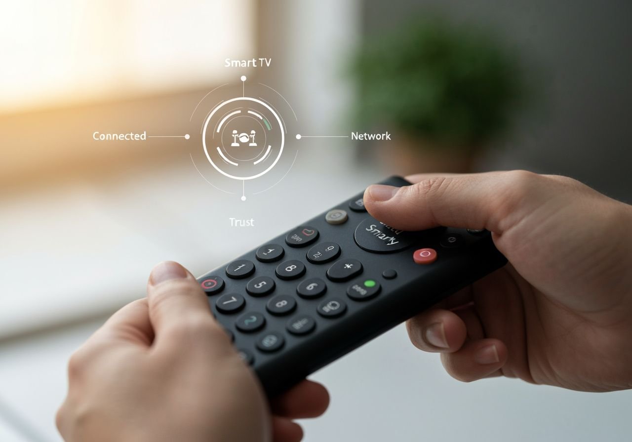 Mains tenant une télécommande Smart TV avec indicateurs de sécurité et réseau domestique connecté