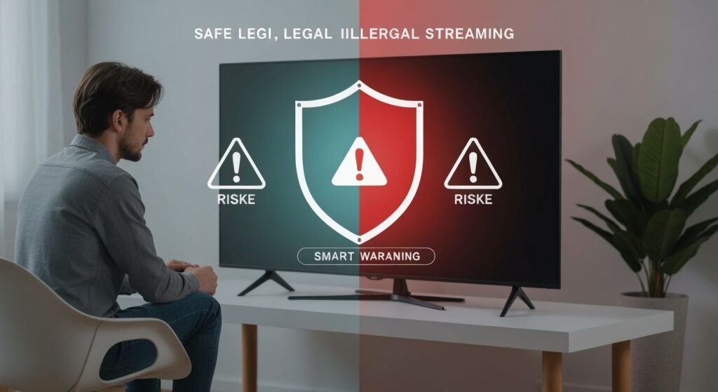 Écran de mise en garde de sécurité sur un téléviseur moderne symbolisant les risques du streaming illégal