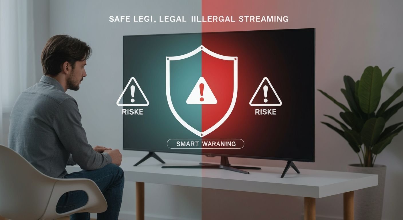 Écran de mise en garde de sécurité sur un téléviseur moderne symbolisant les risques du streaming illégal