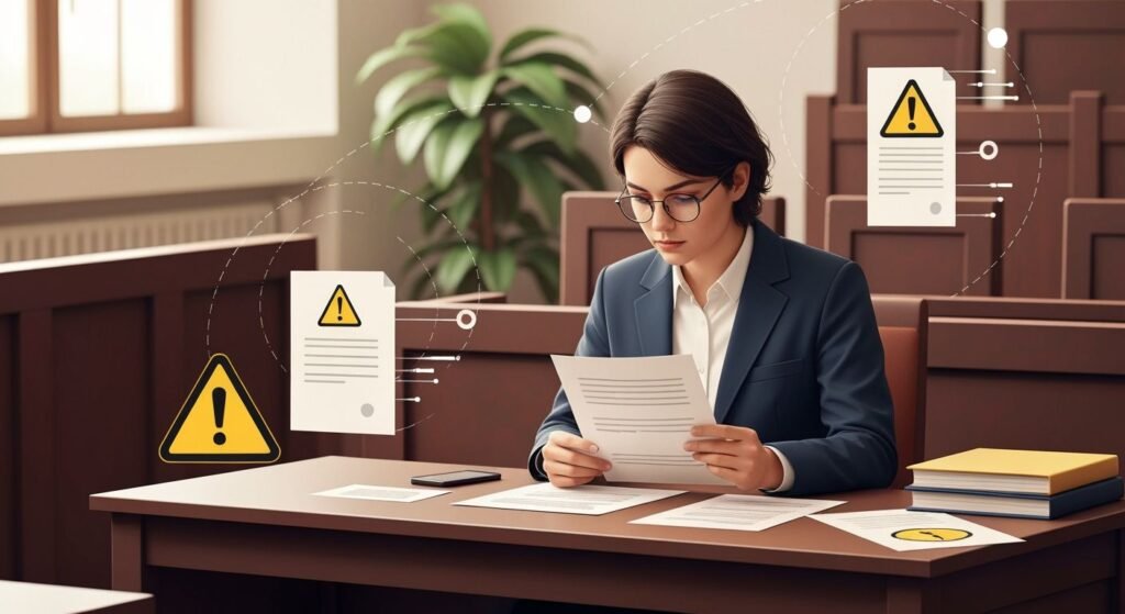 Illustration d'un bureau juridique avec documents légaux et avertissements concernant les risques IPTV illégal en France.