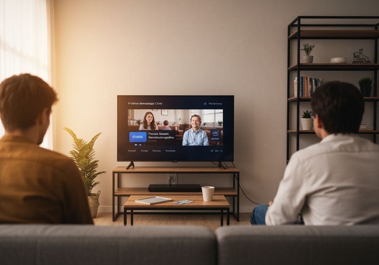 Famille regardant légalement sur Smart TV avec service d'abonnement autorisé et sécurisé