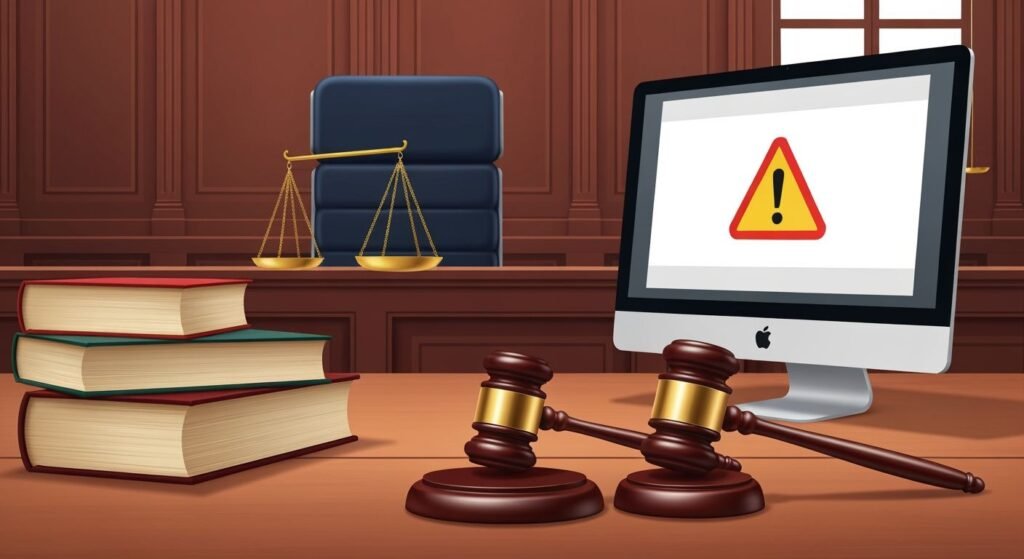 Illustration d'un cadre légal avec livres de droit, marteau de juge et écran d'avertissement