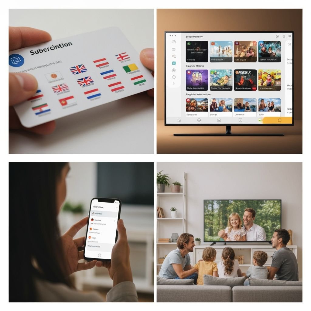Quatre étapes pour s'abonner à IPTV : carte d'abonnement, interface de streaming, sélection mobile et visionnage familial.