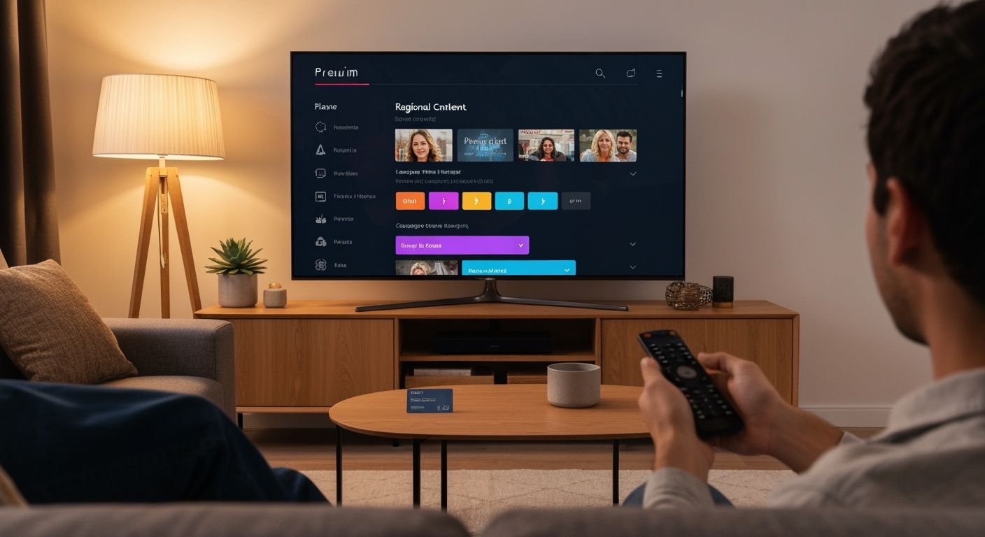 Personne regardant un écran de sélection d'abonnement IPTV régional sur sa télévision moderne.